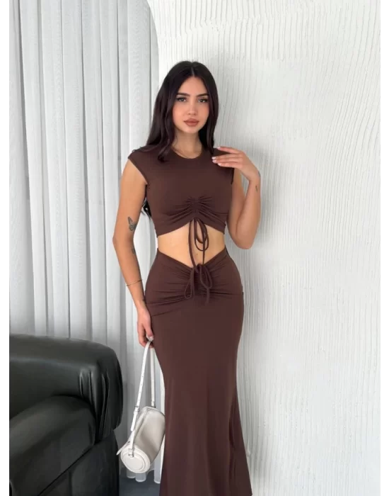 Osy Modal Yumuşak Dokulu Kumaş Büzgülü Crop Etek Takım -Kahverengi