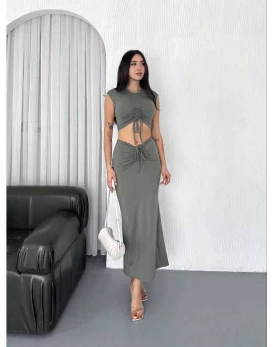 Osy Modal Yumuşak Dokulu Kumaş Büzgülü Crop Etek Takım - Mint Yeşili