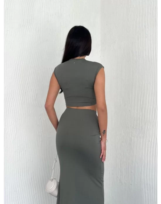 Osy Modal Yumuşak Dokulu Kumaş Büzgülü Crop Etek Takım - Mint Yeşili