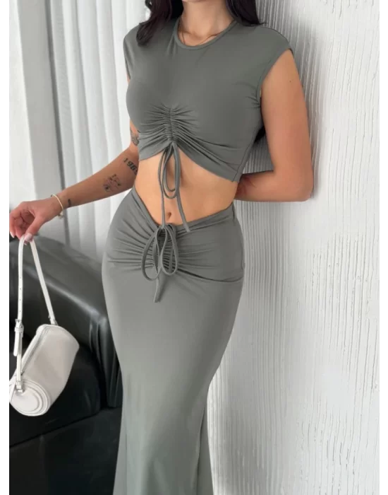 Osy Modal Yumuşak Dokulu Kumaş Büzgülü Crop Etek Takım - Mint Yeşili