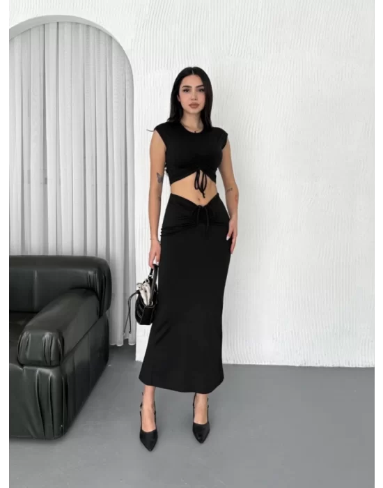 Osy Modal Yumuşak Dokulu Kumaş  Büzgülü Crop Etek Takım - Siyah