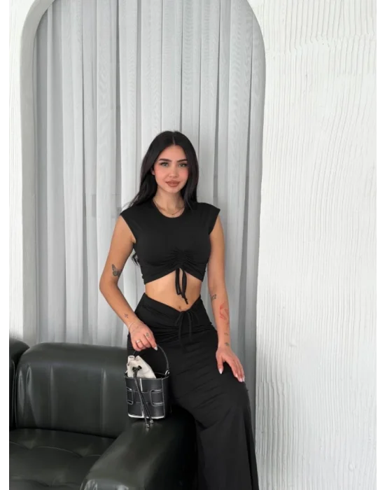Osy Modal Yumuşak Dokulu Kumaş  Büzgülü Crop Etek Takım - Siyah