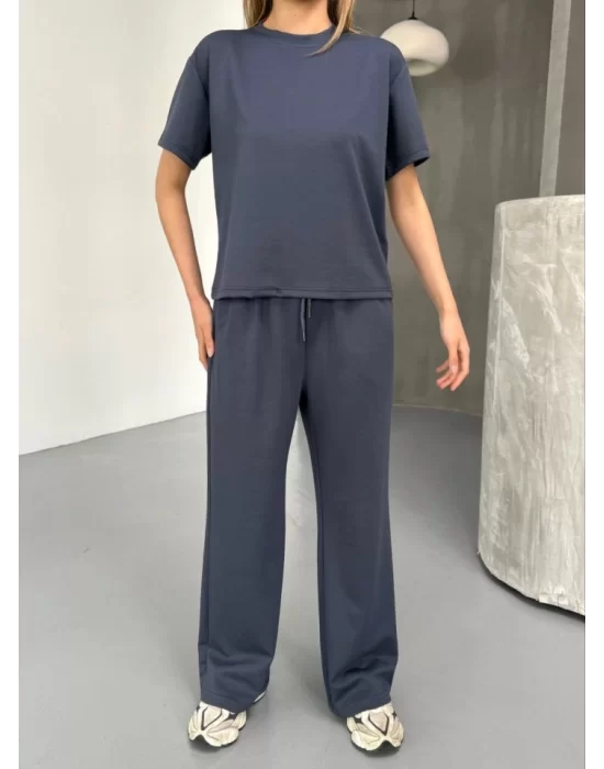 Osy Modal Yumuşak Dokulu Kumaş Kısa Kollu Bluz Rahat Pantalon Ikili Takım- Füme