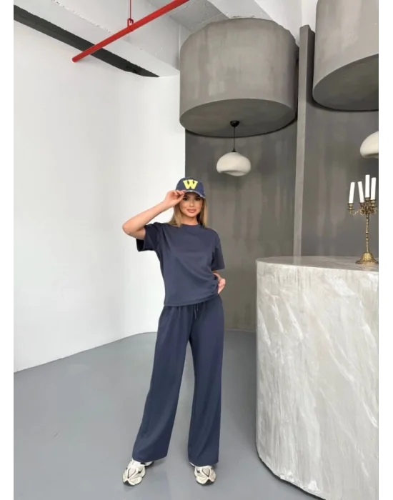 Osy Modal Yumuşak Dokulu Kumaş Kısa Kollu Bluz Rahat Pantalon Ikili Takım- Füme