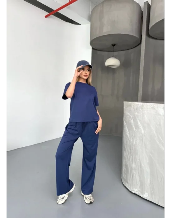 Osy Modal Yumuşak Dokulu Kumaş Kısa Kollu Bluz Rahat Pantalon Ikili Takım- Lacivert