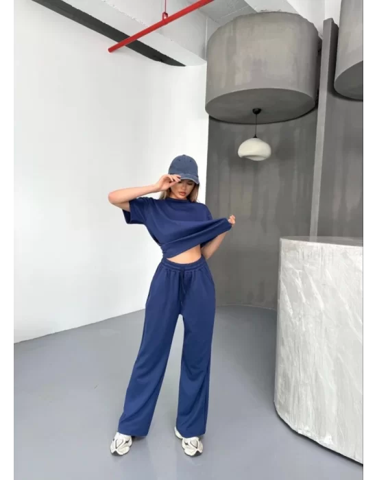Osy Modal Yumuşak Dokulu Kumaş Kısa Kollu Bluz Rahat Pantalon Ikili Takım- Lacivert