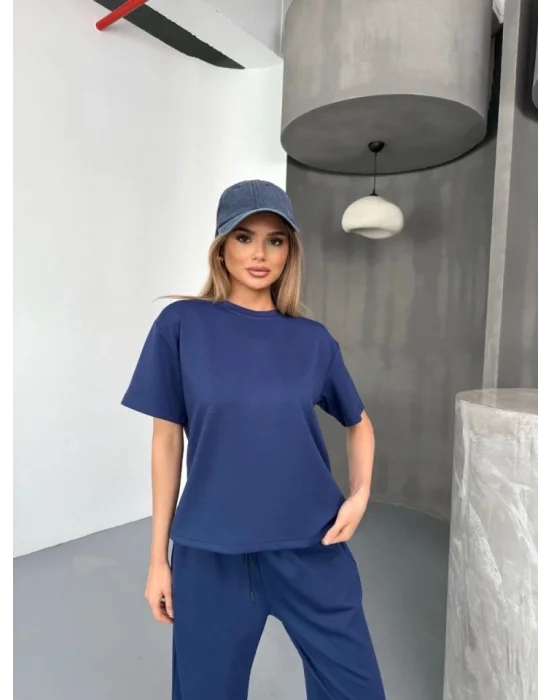 Osy Modal Yumuşak Dokulu Kumaş Kısa Kollu Bluz Rahat Pantalon Ikili Takım- Lacivert