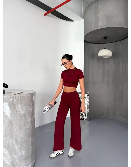 Osy Modal Yumuşak Dokulu Kumaş Kısa Kollu Crop Alt Ispanyol Paça Pantalon Ikili Takım - Bordo