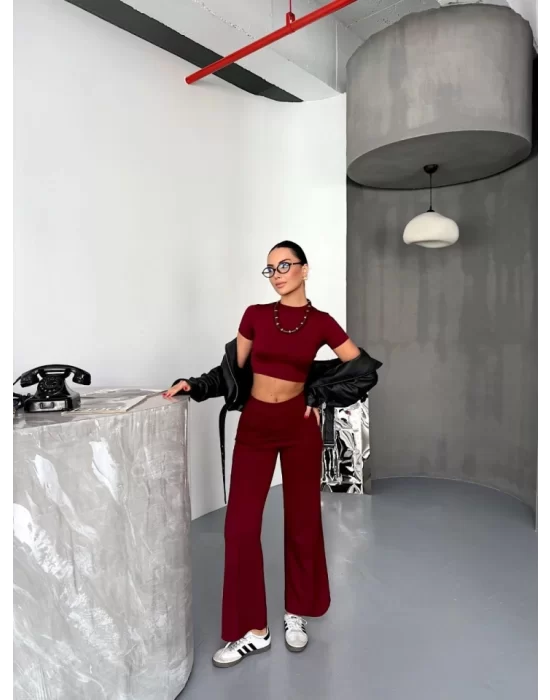 Osy Modal Yumuşak Dokulu Kumaş Kısa Kollu Crop Alt Ispanyol Paça Pantalon Ikili Takım - Bordo