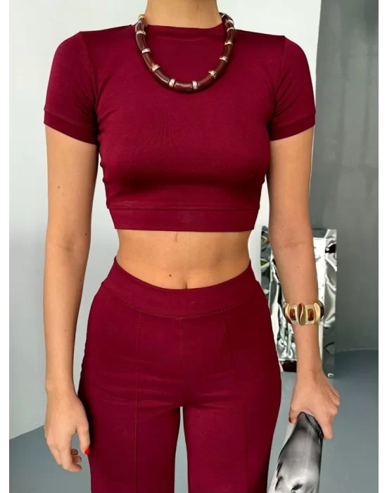 Osy Modal Yumuşak Dokulu Kumaş Kısa Kollu Crop Alt Ispanyol Paça Pantalon Ikili Takım - Bordo