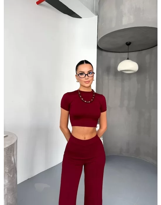 Osy Modal Yumuşak Dokulu Kumaş Kısa Kollu Crop Alt Ispanyol Paça Pantalon Ikili Takım - Bordo