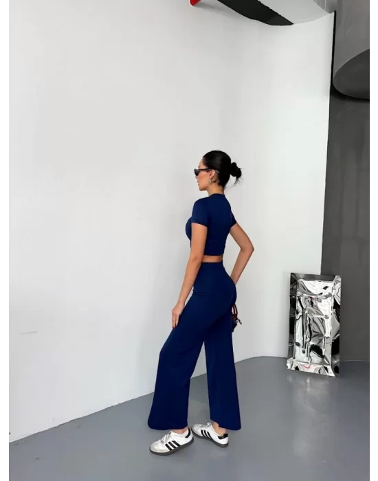 Osy Modal Yumuşak Dokulu Kumaş Kısa Kollu Crop Alt Ispanyol Paça Pantalon Ikili Takım - Lacivert