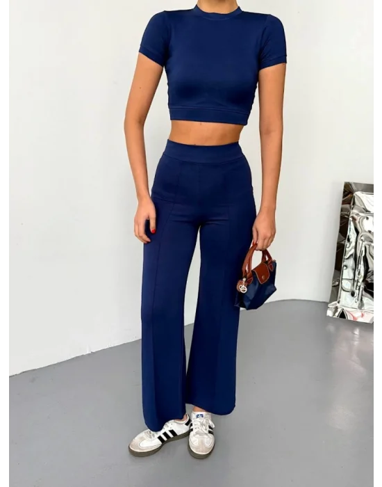Osy Modal Yumuşak Dokulu Kumaş Kısa Kollu Crop Alt Ispanyol Paça Pantalon Ikili Takım - Lacivert