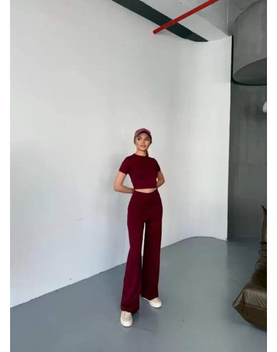 Osy Modal Yumuşak Dokulu Kumaş Kısa Kollu Crop Rahat Pantalon Ikili Takım - Bordo