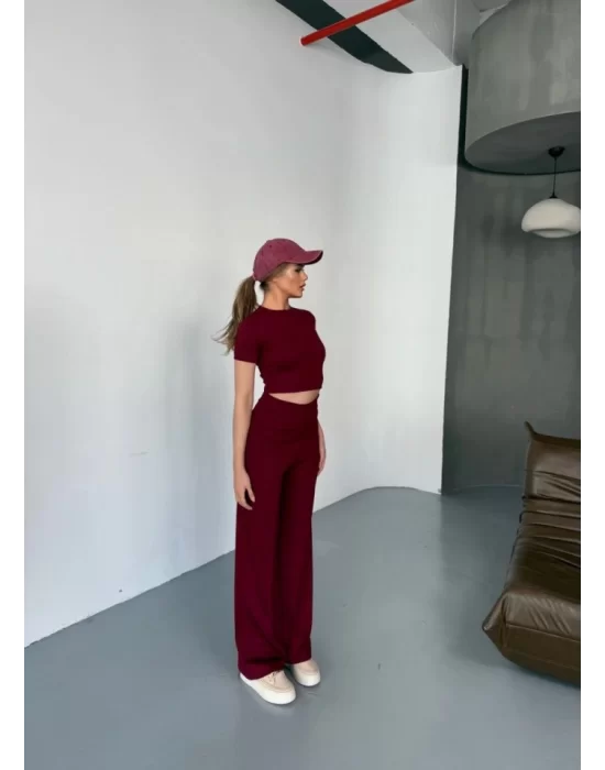 Osy Modal Yumuşak Dokulu Kumaş Kısa Kollu Crop Rahat Pantalon Ikili Takım - Bordo