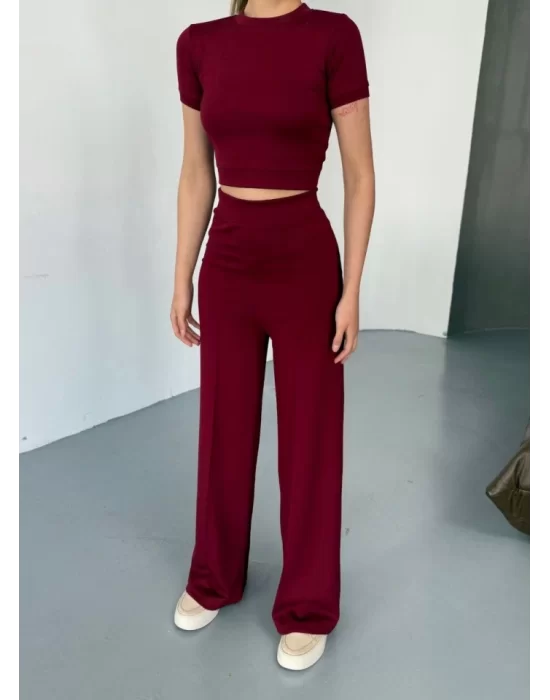 Osy Modal Yumuşak Dokulu Kumaş Kısa Kollu Crop Rahat Pantalon Ikili Takım - Bordo