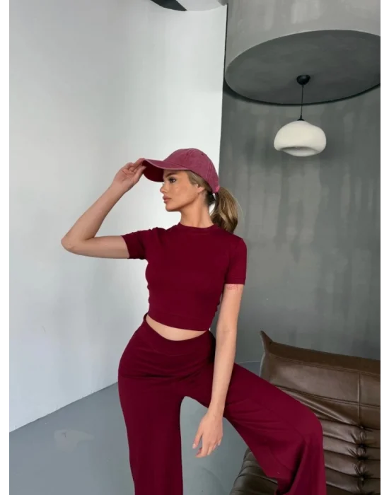 Osy Modal Yumuşak Dokulu Kumaş Kısa Kollu Crop Rahat Pantalon Ikili Takım - Bordo