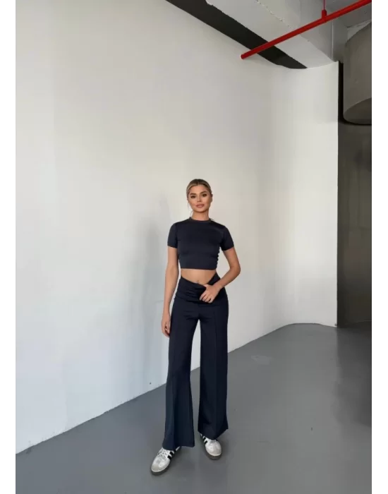 Osy Modal Yumuşak Dokulu Kumaş Kısa Kollu Crop Rahat Pantalon Ikili Takım - Füme
