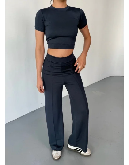 Osy Modal Yumuşak Dokulu Kumaş Kısa Kollu Crop Rahat Pantalon Ikili Takım - Füme