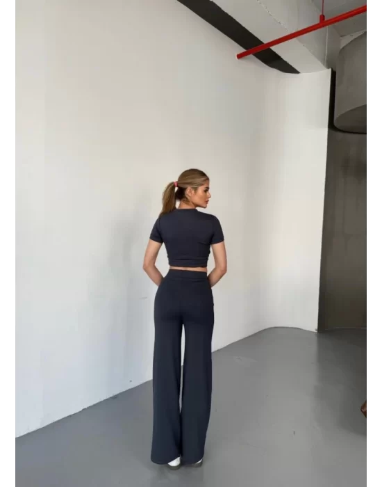 Osy Modal Yumuşak Dokulu Kumaş Kısa Kollu Crop Rahat Pantalon Ikili Takım - Füme