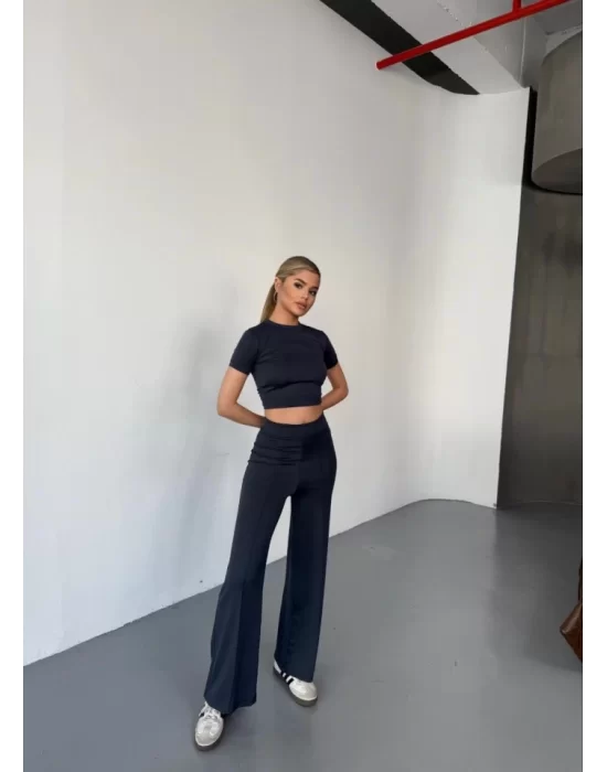 Osy Modal Yumuşak Dokulu Kumaş Kısa Kollu Crop Rahat Pantalon Ikili Takım - Füme
