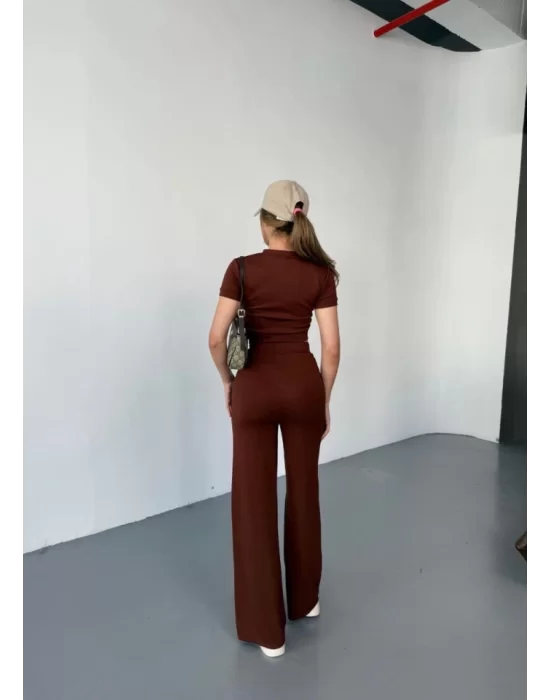 Osy Modal Yumuşak Dokulu Kumaş Kısa Kollu Crop Rahat Pantalon Ikili Takım - Kahverengi