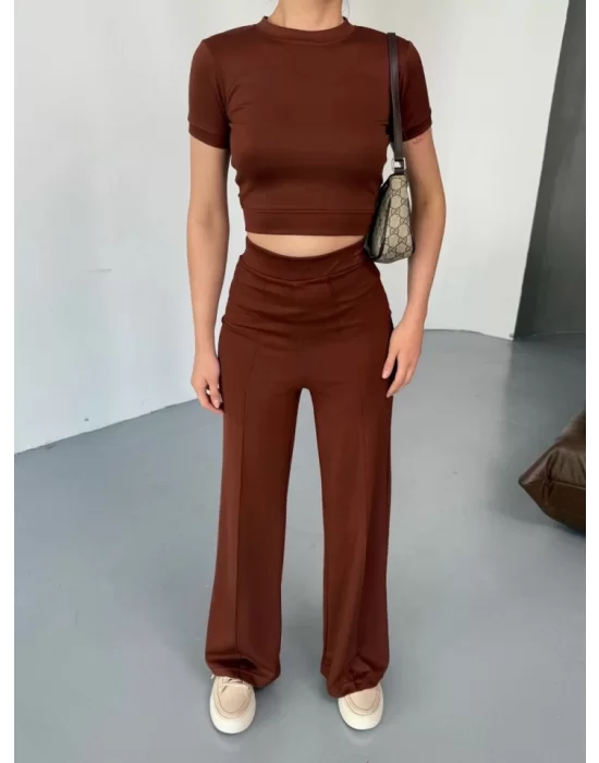 Osy Modal Yumuşak Dokulu Kumaş Kısa Kollu Crop Rahat Pantalon Ikili Takım - Kahverengi