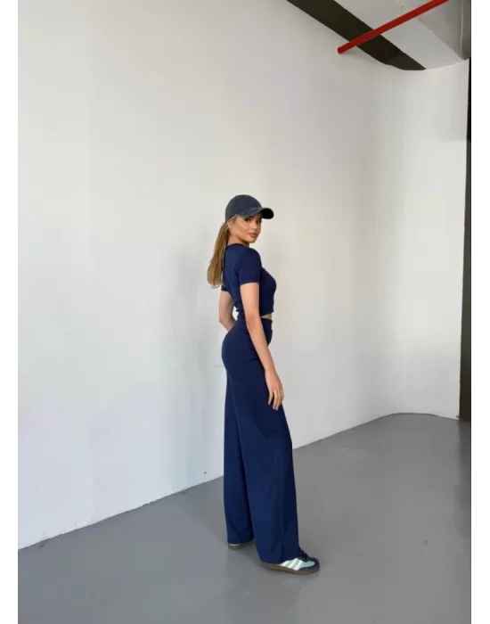 Osy Modal Yumuşak Dokulu Kumaş Kısa Kollu Crop Rahat Pantalon Ikili Takım - Lacivert