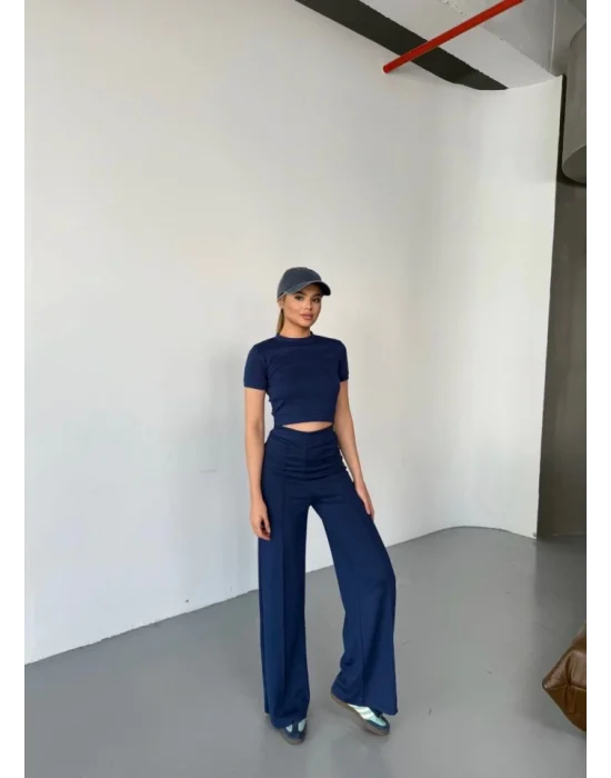 Osy Modal Yumuşak Dokulu Kumaş Kısa Kollu Crop Rahat Pantalon Ikili Takım - Lacivert