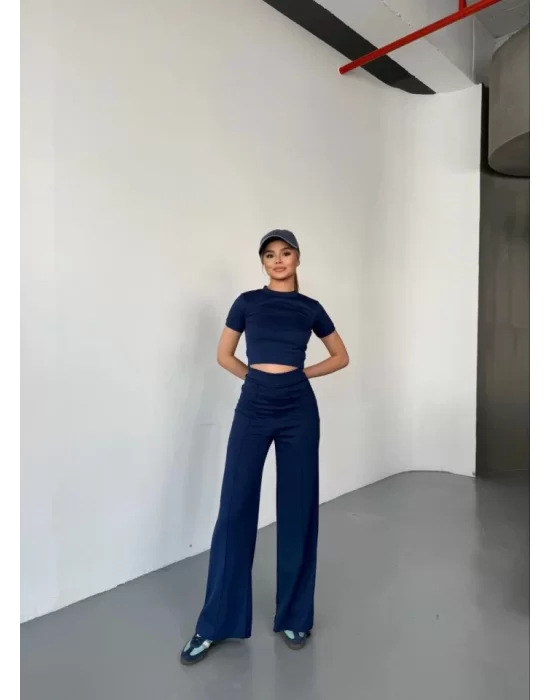 Osy Modal Yumuşak Dokulu Kumaş Kısa Kollu Crop Rahat Pantalon Ikili Takım - Lacivert