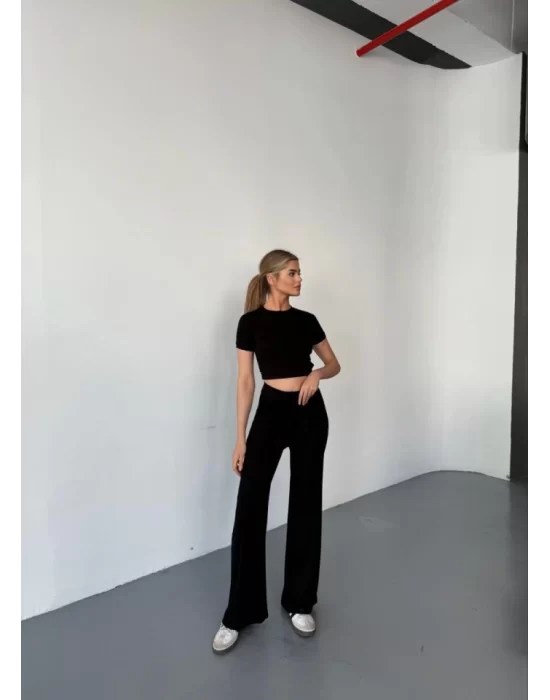 Osy Modal Yumuşak Dokulu Kumaş Kısa Kollu Crop Rahat Pantalon Ikili Takım - Siyah