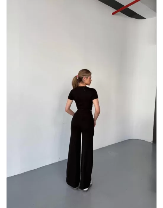 Osy Modal Yumuşak Dokulu Kumaş Kısa Kollu Crop Rahat Pantalon Ikili Takım - Siyah