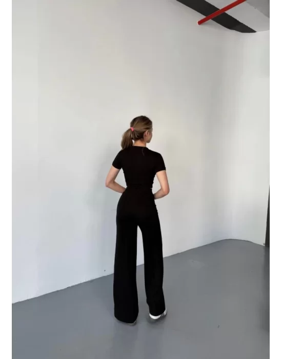 Osy Modal Yumuşak Dokulu Kumaş Kısa Kollu Crop Rahat Pantalon Ikili Takım - Siyah