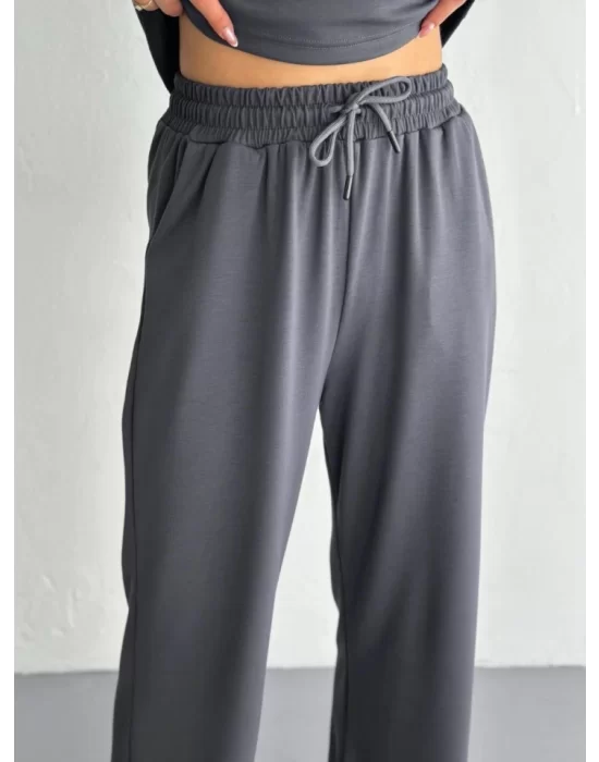 Osy Modal Yumuşak Dokulu Kumaş Kısa Kollu Yakalı T-shirt Pantalon Ikili Takım- Antrasit