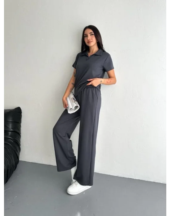 Osy Modal Yumuşak Dokulu Kumaş Kısa Kollu Yakalı T-shirt Pantalon Ikili Takım- Antrasit