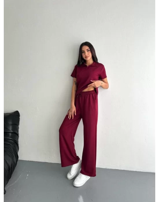 Osy Modal Yumuşak Dokulu Kumaş Kısa Kollu Yakalı T-shirt Pantalon Ikili Takım- Bordo
