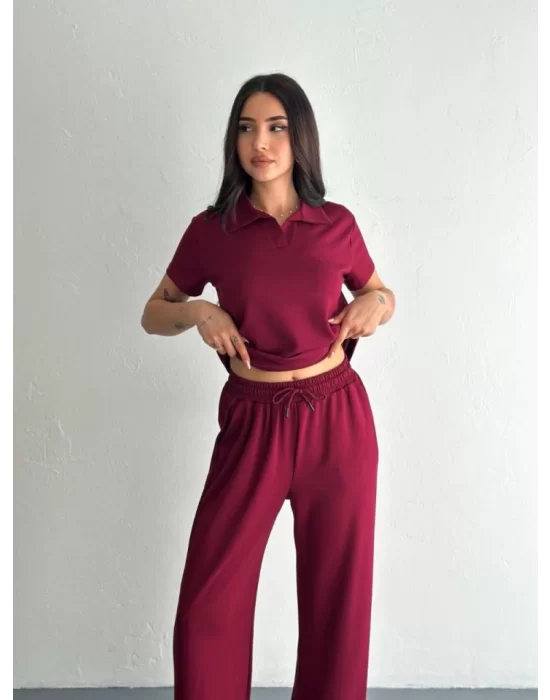 Osy Modal Yumuşak Dokulu Kumaş Kısa Kollu Yakalı T-shirt Pantalon Ikili Takım- Bordo
