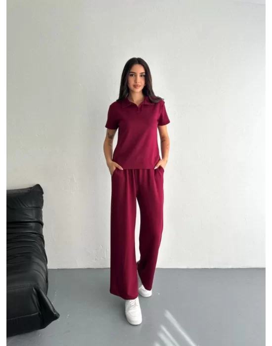 Osy Modal Yumuşak Dokulu Kumaş Kısa Kollu Yakalı T-shirt Pantalon Ikili Takım- Bordo