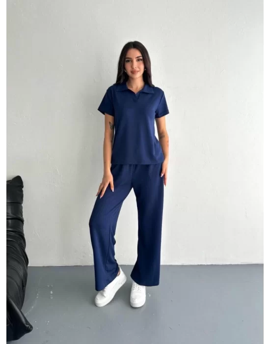 Osy Modal Yumuşak Dokulu Kumaş Kısa Kollu Yakalı T-shirt Pantalon Ikili Takım- Lacivert