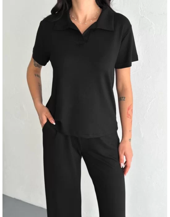 Osy Modal Yumuşak Dokulu Kumaş Kısa Kollu Yakalı T-shirt Pantalon Ikili Takım- Siyah