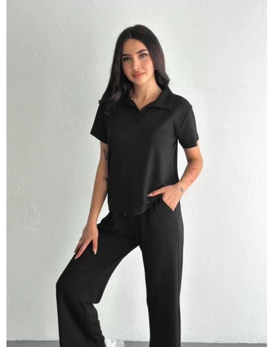 Osy Modal Yumuşak Dokulu Kumaş Kısa Kollu Yakalı T-shirt Pantalon Ikili Takım- Siyah