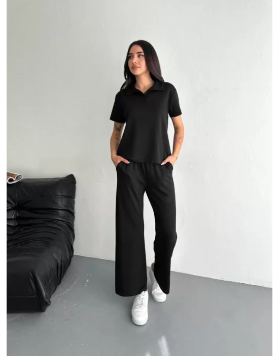 Osy Modal Yumuşak Dokulu Kumaş Kısa Kollu Yakalı T-shirt Pantalon Ikili Takım- Siyah