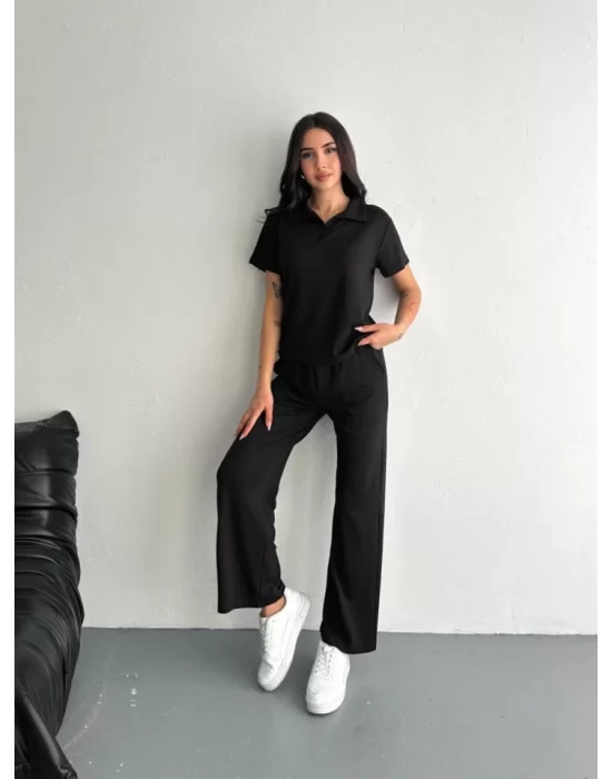 Osy Modal Yumuşak Dokulu Kumaş Kısa Kollu Yakalı T-shirt Pantalon Ikili Takım- Siyah