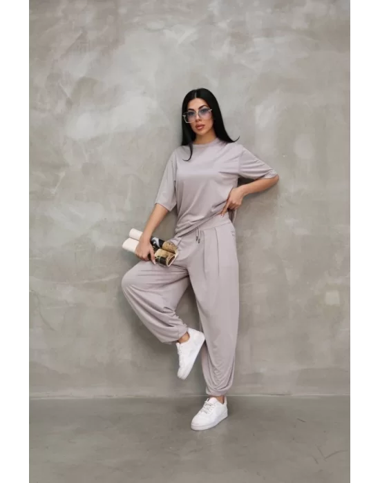 Osy Modal Yumuşak Dokulu Kumaş Oversize Bisiklet Yaka T-shirt Jogger Eşofman Altı Eşofman Takımı - Gri