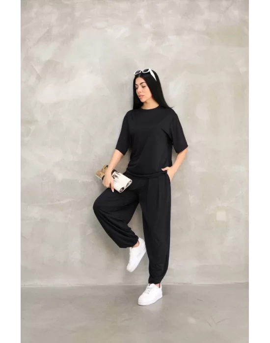 Osy Modal Yumuşak Dokulu Kumaş Oversize Bisiklet Yaka T-shirt Jogger Eşofman Altı Eşofman Takımı - Siyah