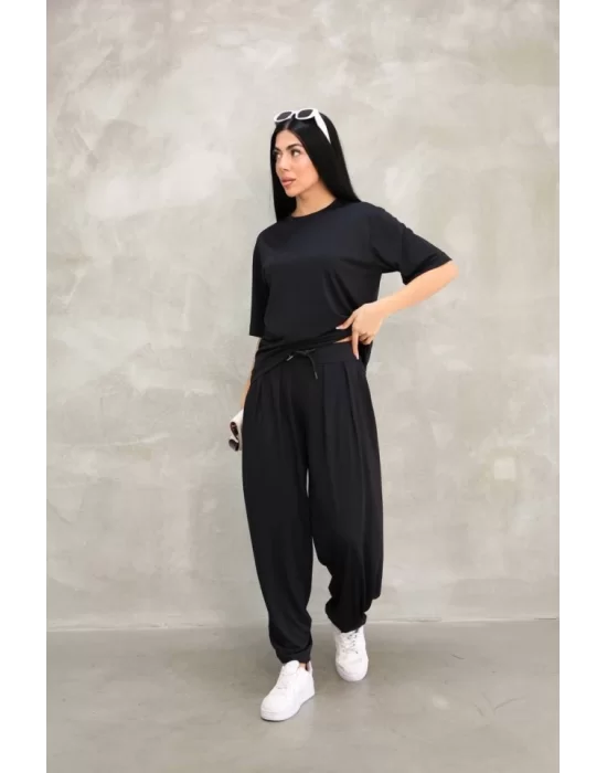 Osy Modal Yumuşak Dokulu Kumaş Oversize Bisiklet Yaka T-shirt Jogger Eşofman Altı Eşofman Takımı - Siyah