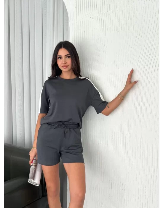 Osy Modal Yumuşak Dokulu Kumaş Parçalı Bisiklet Yaka T-shirt Kısa Şort İkili Takım - Antrasit