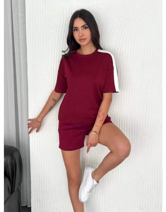 Osy Modal Yumuşak Dokulu Kumaş Parçalı Bisiklet Yaka T-shirt Kısa Şort İkili Takım -  Bordo