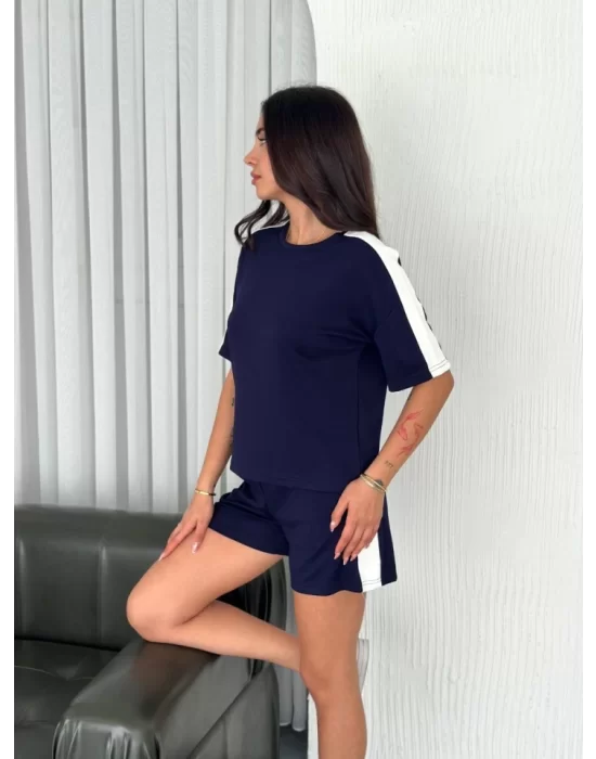 Osy Modal Yumuşak Dokulu Kumaş Parçalı Bisiklet Yaka T-shirt Kısa Şort İkili Takım - Mavi