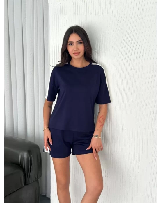 Osy Modal Yumuşak Dokulu Kumaş Parçalı Bisiklet Yaka T-shirt Kısa Şort İkili Takım - Mavi